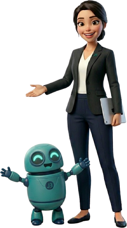 JBSync: een persoon en de JBSync robot heten je welkom